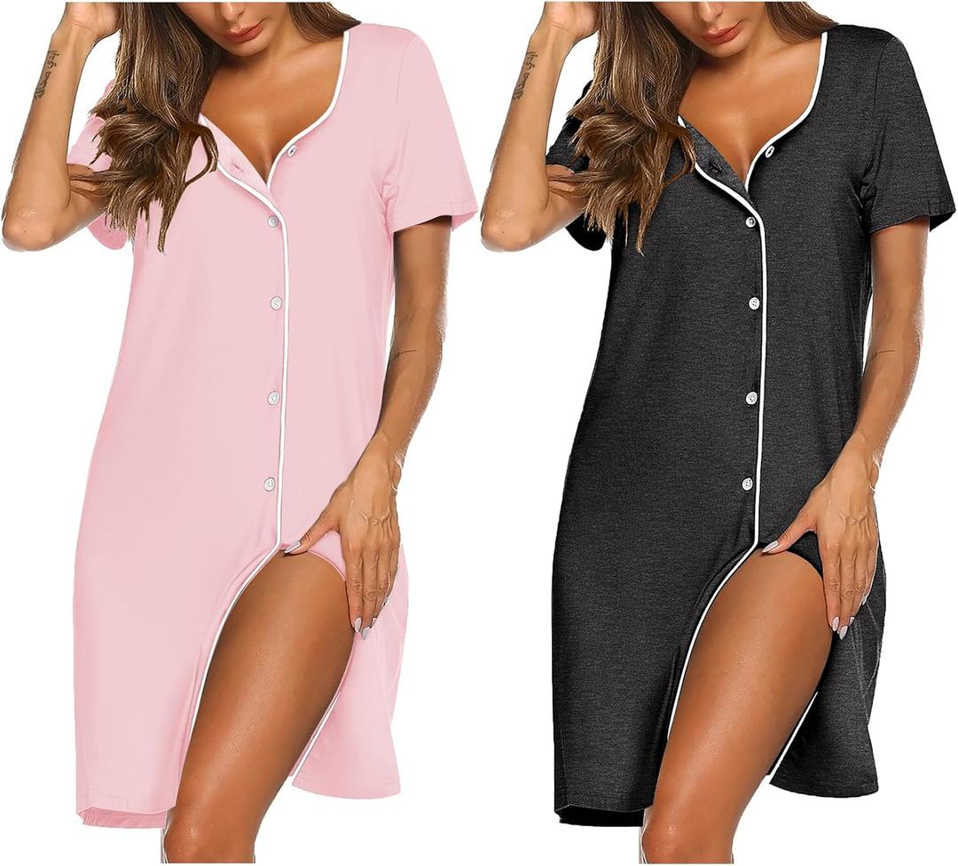 Ekouaer Nightgowns for Women 2 Pack Button Down Sleepshirt Short Sleeve Nightshirt Soft Sleepwear V Neck Pajama Dress (Gray, M)
