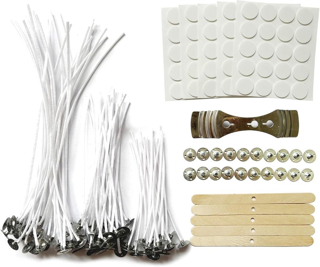 30Pcs Candle Wicks 4 Inch,40Pcs Candle Wicks 6Inch,30Pcs Candle Wicks 8 Inch,100pcs Candle Wick Stickers,Candle Wick Centering Device,20 Pcs Metal Sustainer Tabs,5pcs Candle Wick