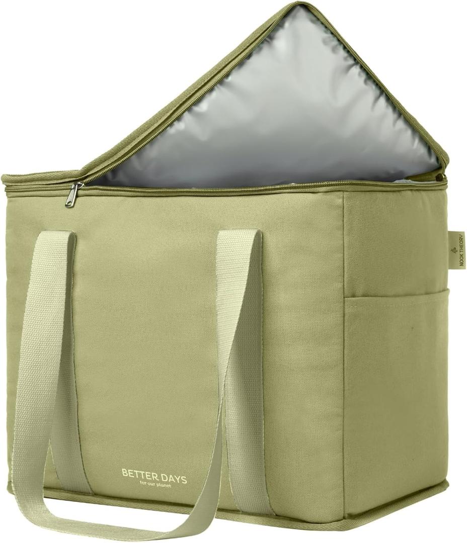 Nook Theory Reusable Insulated Grocery Bag - Leak Proof, X Large Insulated Cooler Bag - Insulated Shopping Bags for Groceries - Travel Cooler Bag for Frozen and Hot Food with Zippered Top (Full Sage) Nook Theory Reusable Insulated Grocery Bag - Leak Proof, X Large Insulated Cooler Bag - Insulated Shopping Bags for Groceries - Travel Cooler Bag for Frozen and Hot Food with Zippered Top (Full Sage)