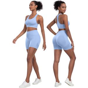 Workout Sets for Women 2 Piece - Seamless Yoga Outfits Shorts and Padded Sports Bra Gym Athletic Clothing Set (X-Large, Light Blue)
