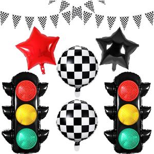 Race Car Birthday Party Decorations with Traffic Light Balloons,Automobile Party Decorations for Kids Include Transportation Light Balloons Checkered Pennant Banner Checkered Balloon