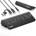 FIDECO 7-Port 72W Powered USB Hub, USB C Hub with 1 PD 45W, 2 QC 3.0 Charging Ports, and 4 USB 3.2 Ports (2 USB-A + 2 USB-C), Aluminum 10Gbps USB Hub for Laptop, PC, MacBook, iPhone 17/16/15, Black