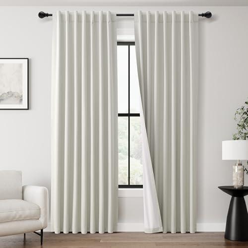 Beige White Linen Blakcout Curtains 84 Inches Long for Living Room Modern Boho Farmhouse Off White Black Out Drapes 84 Inch Length Cotton Thermal Light Blocking Room Darkening Curtains 2 Panel Set