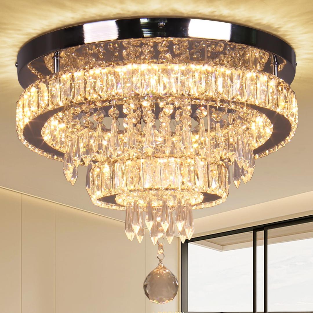 Finktonglan 16" Crystal Chandelier 2 Rings Crystal Ceiling Light Fixture Modern Chandelier LED Chandeliers Light Fixture for Dinning Room Bedroom Living Room 2700K Warm Light, Not Golden