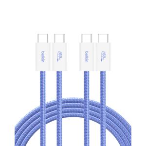 Belkin USB C to USB C Cable 2-Pack, 6.6ft, 60W - Type C Charger, iPhone Charger Cord, Soft, Braided, Flexible for iPhone 16, Galaxy S25, Pixel 9, Airpods, iPad Pro & More, Travel Essentials - Blue
