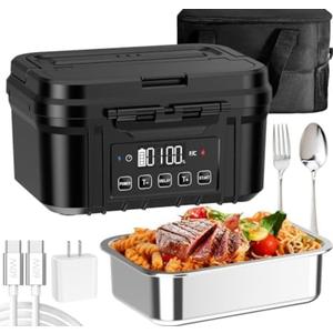 FERVINOW Cordless Electric Lunch Box for Adults – Battery-Powered Heated Lunch Box with 1.2L Stainless Steel Container, Timer Function, and Leak-Proof Food Warmer for Work, Travel & Office