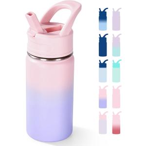 12oz Kids Water Bottle for School, Toddler Water Bottles with Straws, Insulated Water Bottles for Boys&Girls, Stainless Steel Vacuum Insulated Bottle for Kids, Leak-Proof, BPA-Free, Sugar Plum