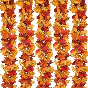 joyhalo 4 Pack Fall Leaves Garland Decorations for Home, Autumn Leaf Garland Maple Leaf Vine Outdoor Fall Decor for Porch Mantle Fireplace Stair Railing Office Front Door, Orange