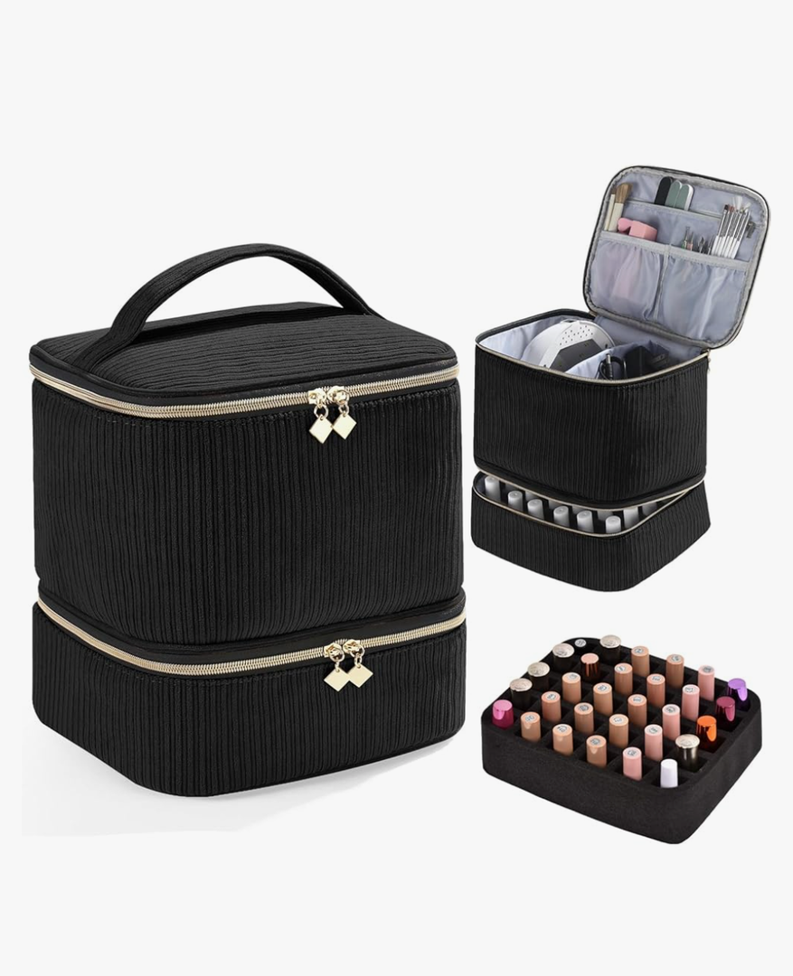 Corduroy Nail Polish Organizer and Nail Lamp Case, Nail Kit Organizer Holds 30 Bottles (15ml - 0.5 fl.oz) and a Nail Lamp, Nail Polish Carrying Case with Manicure Tools Storage Sections (Black)