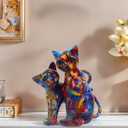 Colorful Cat Couple Lover Statue, Creative Cat Figurine Resin Modern Art Office Home Decoration Desk Living Room Accents (Fireworks)
