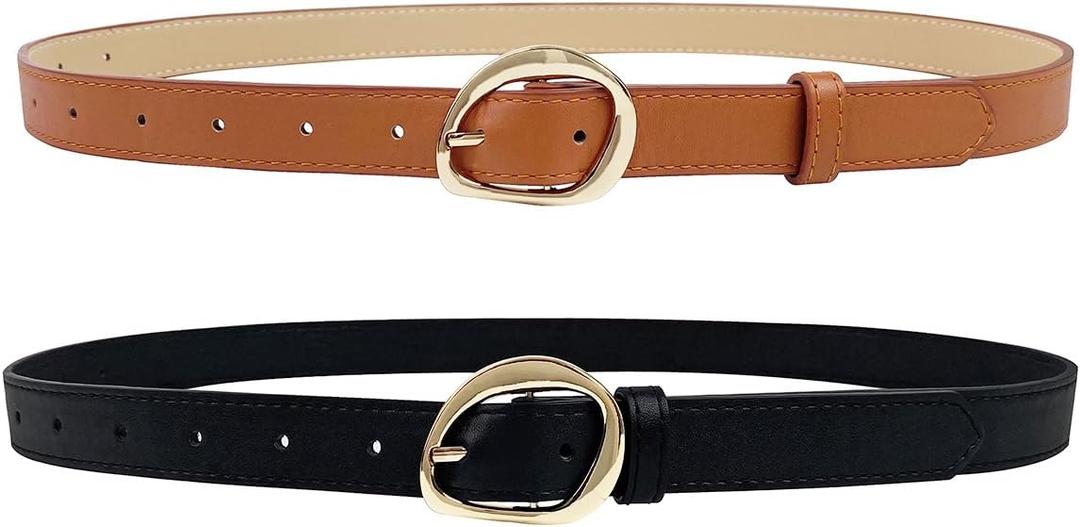 TOPACC 2 Pack Skinny Belts for Women Adjustable Thin Waist Belt with Gold Buckle for Dresses Pants Jeans Business Casual