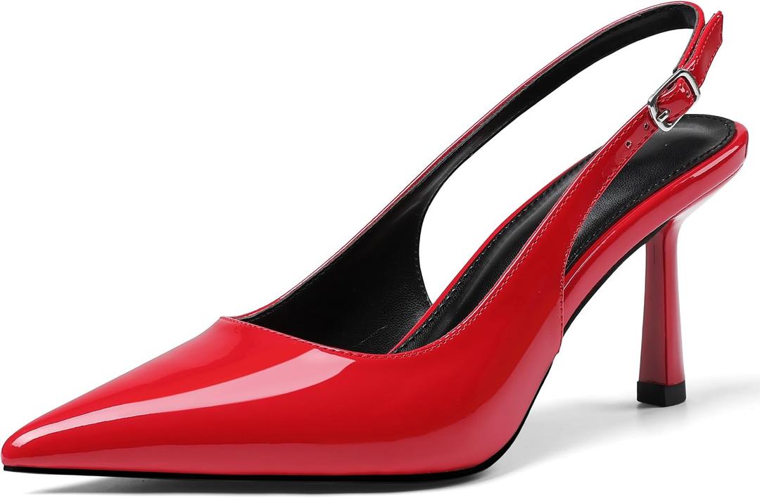Slingback Heels for Women Closed Pointed Toe Kitten Stiletto Heels with Buckle Comfortable Womens Pumps Casual Dress Shoes (Red, M) 6