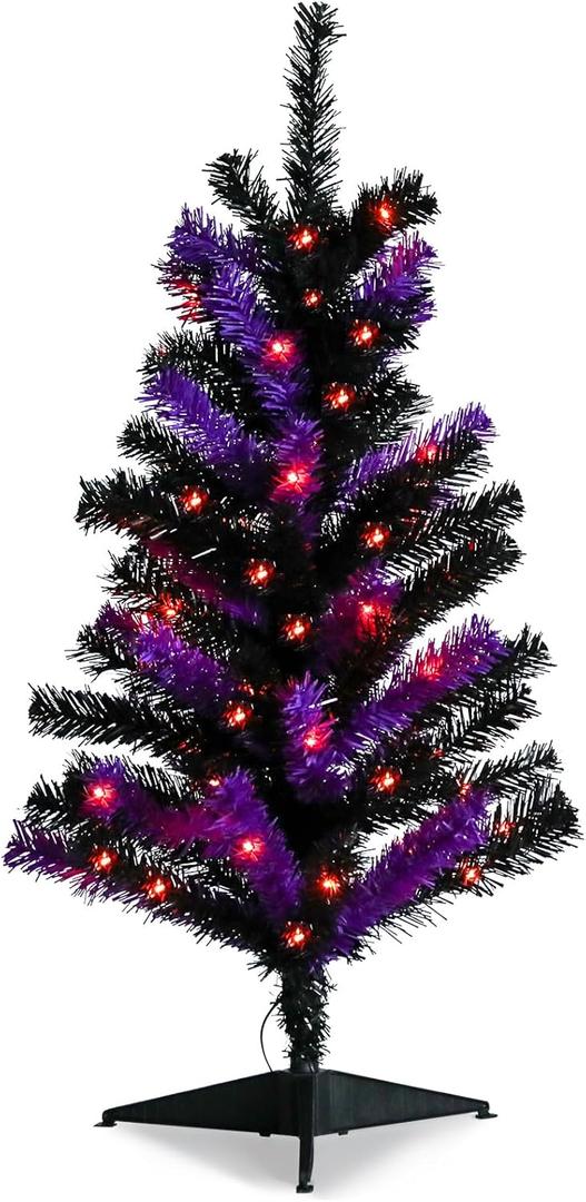 WONDER GARDEN 2.7 FT Halloween Tree with Lights Artificial Halloween Purple Black Tabletop Trees Table Decorations for Indoor Outdoor Home Office Party Holiday Decorations