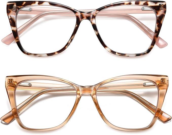 Pack of 2 Oversized Reading Glasses Women Cat Eye Photochromic Computer Reader Stylish Ladies Designer Fashion Big Unbreakable Eyewear (Reader (Brown Crystal+tortoise Pink)) +1.75x