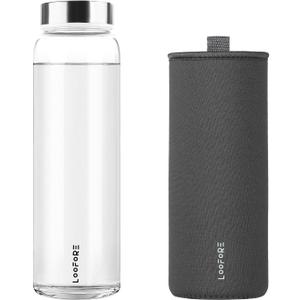 LOOFORE Glass Water Bottles 32 oz, 1 liter / 1000ml Wide Mouth Glass Drinking Bottles with Lids, Large Reusable Borosilicate Water Bottle for School Home Office Travel Sport Yoga Gym, 1 Pack