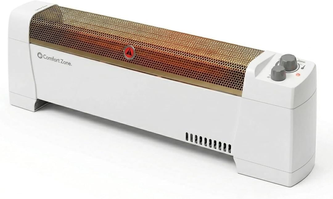 Comfort Zone 1500W Convection Baseboard Heater with Built-In Thermostat, Overheat & Tip-Over Protection, Dent-Proof Ends, Plug-In Portable, Ideal for Home, Bedroom & Office, White