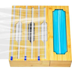 4 in 1 Wrap Organizer with Cutter and Labels, 12" Roll Plastic Wrap, Aluminum Foil, Wax Bamboo Dispenser and Clip Box, for Kitchen Drawer Storage Organization Holder