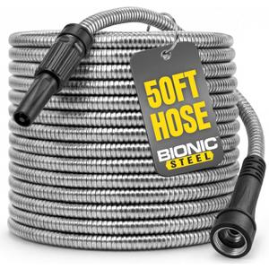 BIONIC STEEL 50 Ft Metal Garden Hose with Sprayer Nozzle, Non Kinking Designed Stainless Steel Heavy Duty Water Hose 50Ft x 5/8 in. Ultra Flexible NON Expandable for Uninterrupted Water Flow, 500 PSI