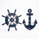 Wooden Nautical Ship Steering Wheel, Small Ship Rudder and Anchor Wall Decor Set, 11" Navy Blue Helm Wheel Beach Theme Hanging Ornament