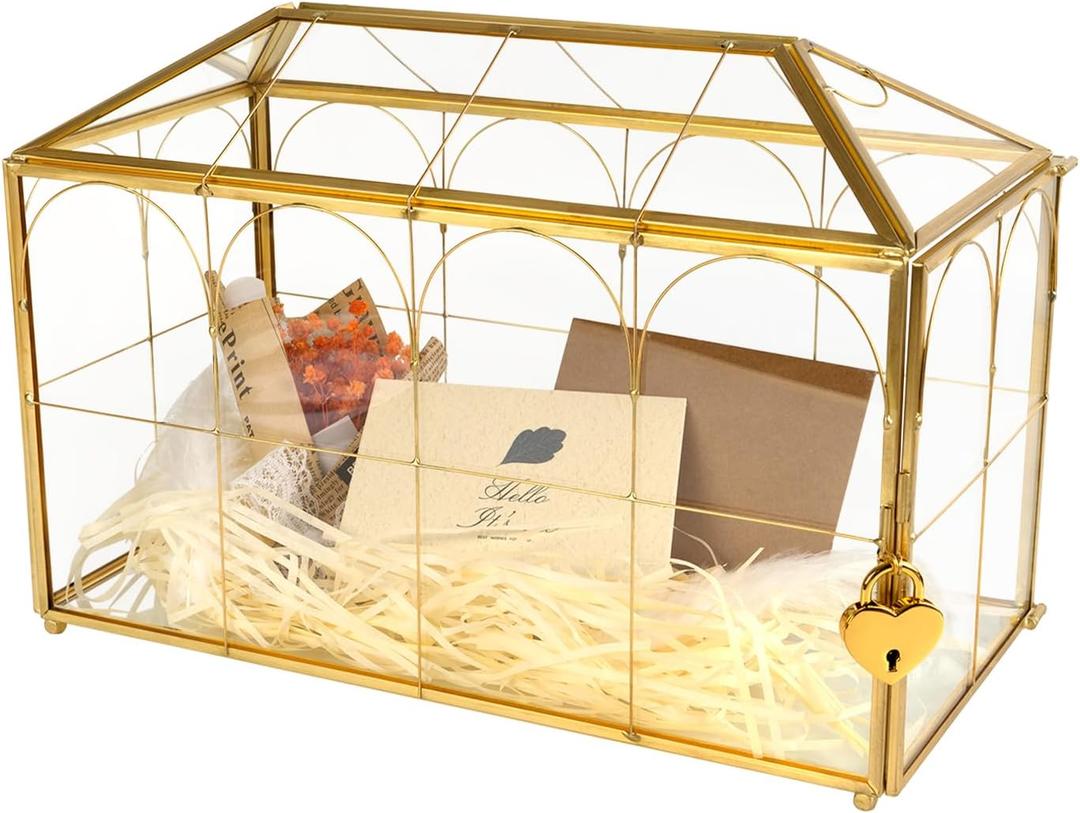 Wedding Glass Cards Box with Slot - 12.6 x 5.9 x 9 inch, Envelope Card for Birthday Party Reception Box, Home Tabletop Decor Clear Gold Terrarium with Lock Glass Terrarium
