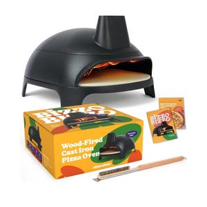 Cast Iron Wood Fire Pizza Oven Outdoor - Easily Fits 12 Inch Pizza. Wood Burning Pizza Oven with Pizza Stone, Recipe Book and Cleaning Brush. Black 