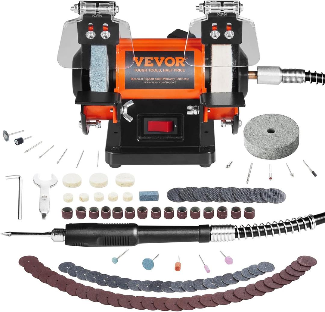 VEVOR Bench Buffer Polisher, Bench Buffer Grinder Polishing & Buffing Machine for Metal/Jewelry/Wood/Jade/Plastic/Silver DIY, with Wool/Abrasive Fiber Wheel/Grinding Wheel,100pcs Tools, 3590RPM (Black)
