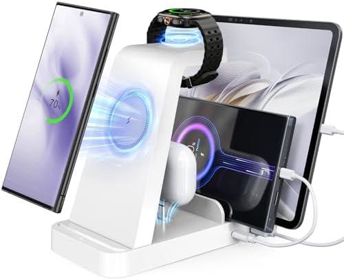 5 in 1 Wireless Charger for Samsung, Wireless Charging Station for Multiple Devices, Fast Charger Stand for Samsung Galaxy S25 Ultra S24 S23 S22 S20 Note 20 10 Z Fold 6 Galaxy Watch 7 6 5 Buds,White