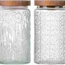 yoqelt Vintage Glass Jars with Wooden Lids, 2 Pack 34 oz Airtight Glass Food Storage Containers Sets for the Kitchen, Sugar Coffee Candy Spice Cookie Tea Pasta ((34oz)Sunflower & Window-flower)