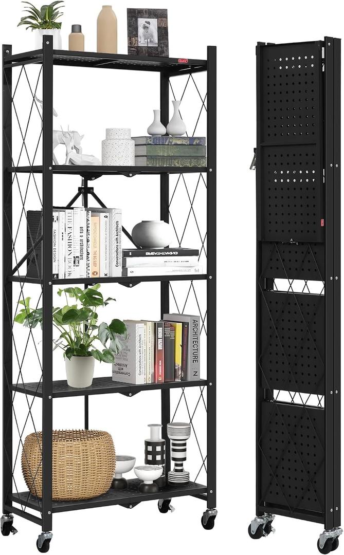 DEANIC 5-Shelf Folding Bookcase with Wheels, Rolling Bookshelf Heavy Duty Storage Shelves, Freestanding Metal Wire Shelving Unit for Living Room, Office, Kitchen, Basement, Pantry (Black), Compact 5 tier