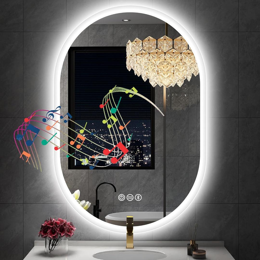 S'bagno 24 x 36 LED-Oval-Bathroom-Mirror with Bluetooth Speaker, Wall-Mounted-Lighted-Mirror, Anti-Fog Dimmable Waterproof Vanity Mirror with Touch Switch with Lights, 3000K/4000K/6500K