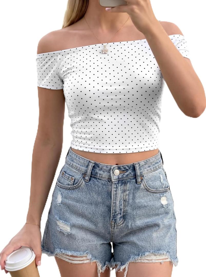FOMELY Polka Dot Top Off The Shoulder Short Crop Shirts Going Out Blouse (White)