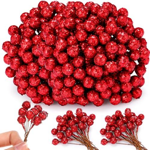 Knitgrip 500 Pcs Artificial Holly Berries, Mini 10 mm Christmas Fake Berry with Stem Berry Picks for Xmas Tree Home Decoration Wreath DIY Craft Winter Holiday Party(Red,Glitter)