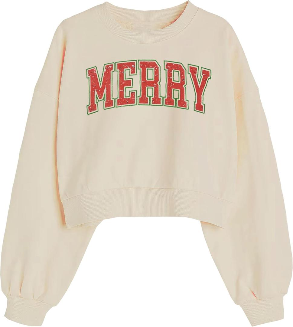 Merry Christmas Sweatshirts Women Vintage Merry Cropped Sweatshirt Xmas Party Holiday Crop Pullover Top (Beige, XL)