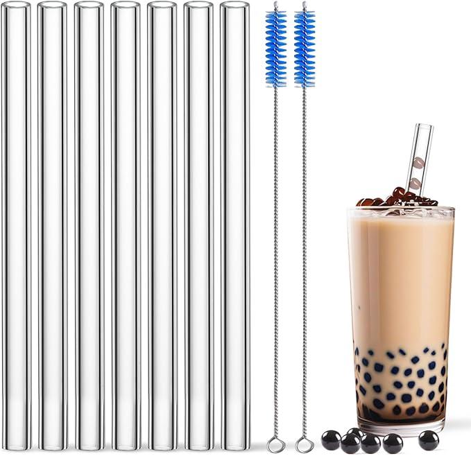 Borosilicate Glass Boba Straws Clear 10 inch 14mm - Reusable Extra Wide glass straws shatter resistant for drinking Bubble Tea & Smoothies, jumbo, BPA Free, Eco-Friendly with 2 Cleaner Brushes