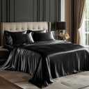Love's cabin Satin Queen Sheets Set - 4 Piece Black Silky Bed Sheets Set with Deep Pocket, Luxury Silk Feel Satin Queen Size Sheet Set (1 Flat Sheet,1 Fitted Sheet,2 Pillow Cases)