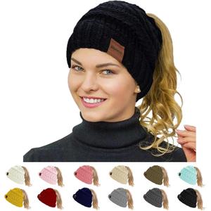 Rosoz 1&2 Packs Ponytail Beanie for Women,Winter Warm Beanie Tail Soft Stretch Cable Knit Messy High Bun Hat