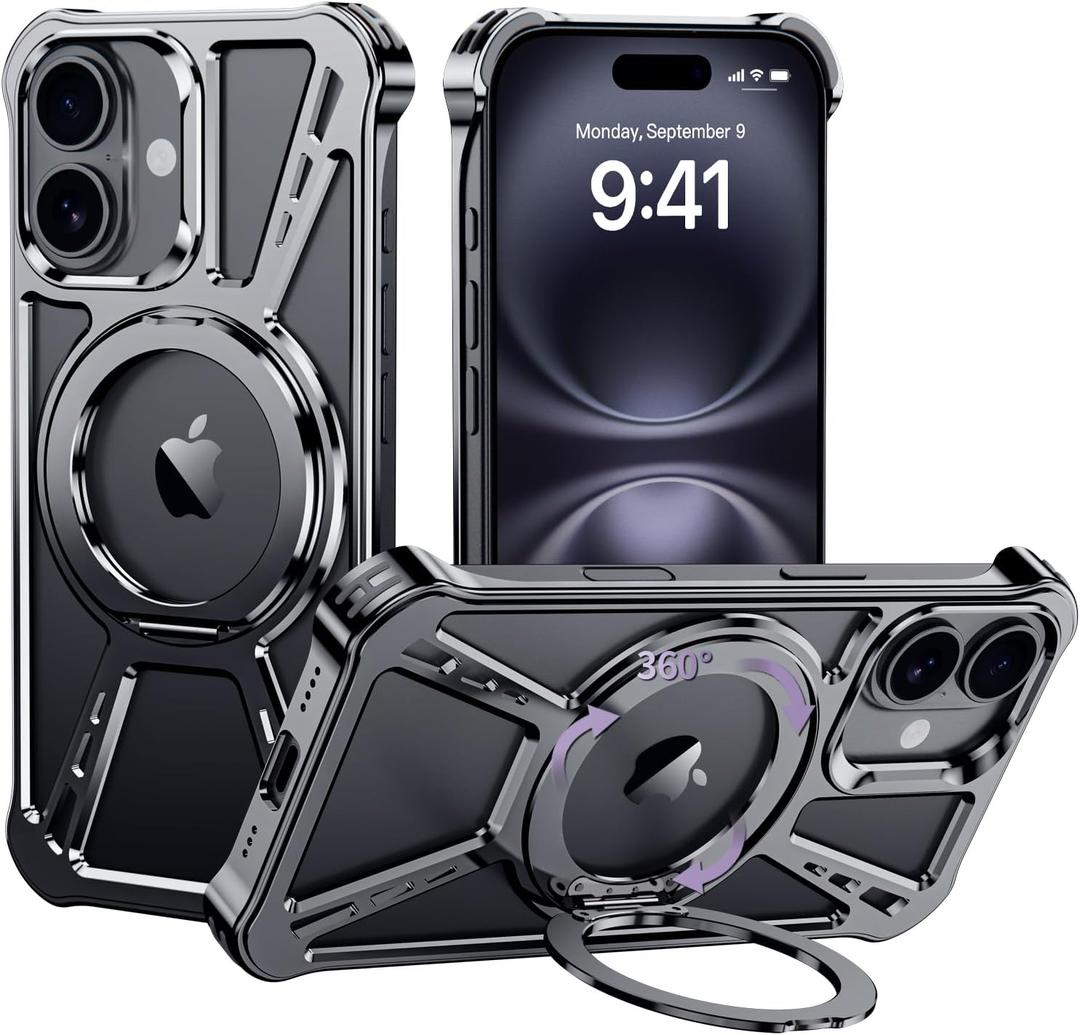 X Case for iPhone 16 Case 6.1",with Kickstand 360Rotatable Magnetic Ring Stand,[Compatible with MagSafe] Shockproof Aluminum Metal Phone Case Slim & Light Phone case,Gray (Black)