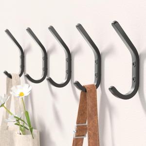 Wall Hooks for Hanging Coats - 5 Pack Black 3.2'' Double Hook Design, Hat Organizers, Wall Mount Hangers for Bags and Keys, Perfect for Garage, Workshop, Entryway, Closet, and DIY Projects