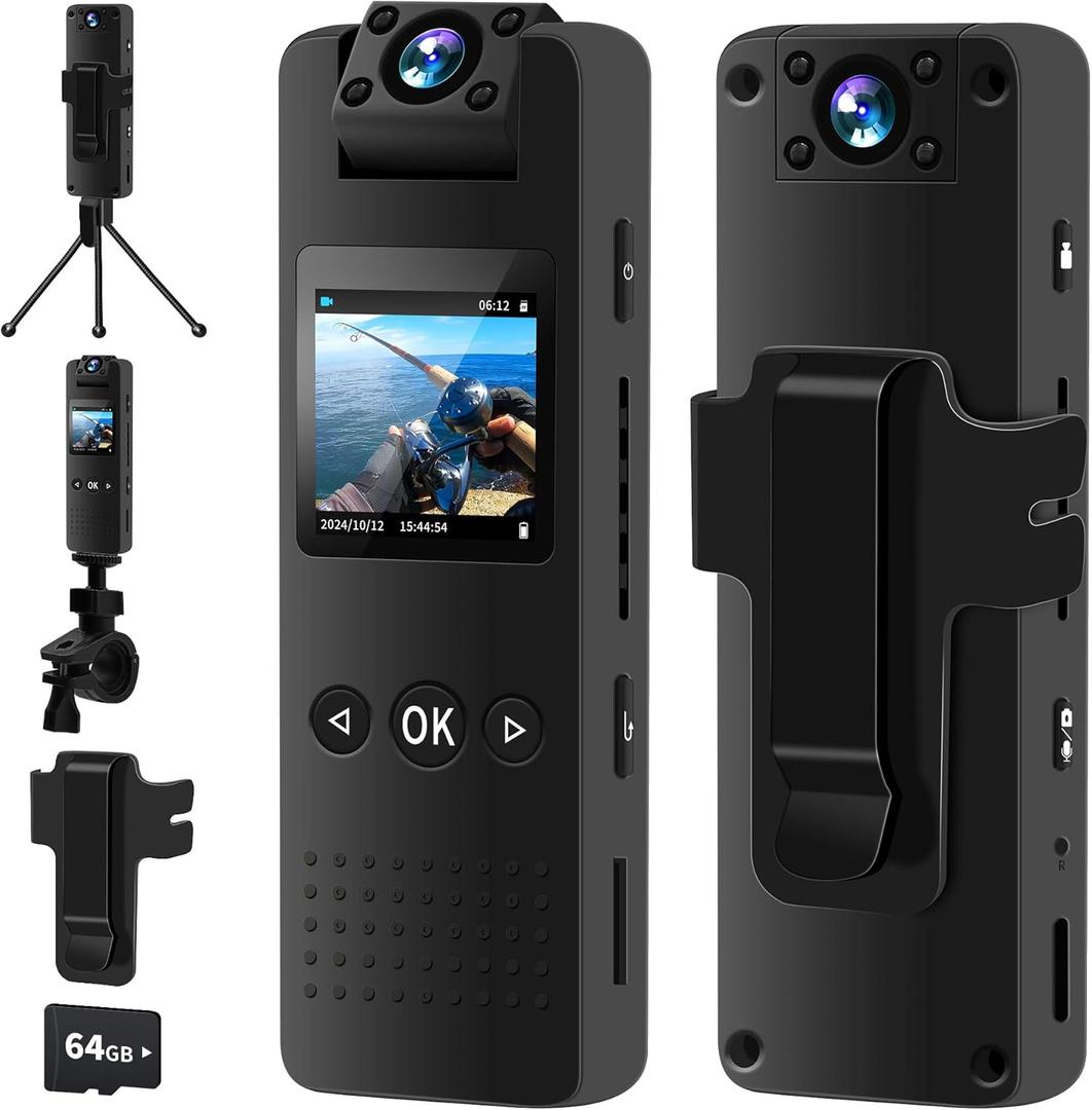 Body Camera with Audio and Video Recording, 1080P FHD Body Cam with 180 Rotating Lens, 8HR Battery & Night Vision, 64GB Wearable Camera for Pet, Home, Office, Easy-to-Use