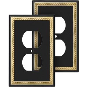 Pearled Frame Decorative Wall Plate Switch Plate Outlet Cover (Single Duplex 2PK, Black & Dark Golden)