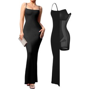 Popilush Summer Maxi Dress for Women - Cocktail Shapewear Dresses Built-in Bra Adjustable Straps Vacation Long Slip (Medium, Black)