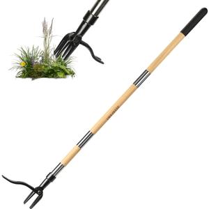 DEERFAMY Stand Up Weed Puller Tool with Long Handle, Manual Weeder with 3-Section Bamboo Construction & 4-Claw Steel Head Design, Gardening Hand Tool for Easy Weed Removal
