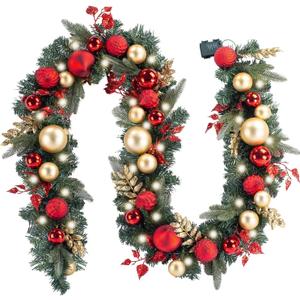WANNA-CUL Pre-lit 9Feet /108 Inch Christmas Garland with Lights for Front Door, Red Gold Ligthed Christmas Mantel Garland Decoration with Ball Ornaments, Battery Operated 50 LED