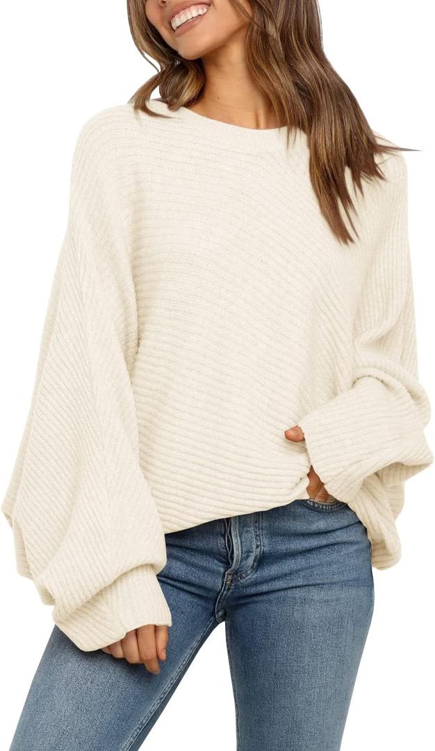 Mafulus Women's Oversized Crewneck Sweater Batwing Puff Long Sleeve Cable Slouchy Pullover Jumper Tops (Large, 1-beige)
