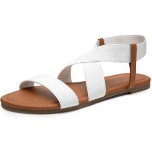 SANDALUP Elastic Ankle Strap Flat Sandals for Women (9, White)