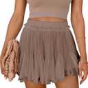 Women's Flowy Shorts Casual Linen Boho Ruffle Mini Skirts Pleated High Waist Cute Butterfly Skorts with Pockets Summer Trendy-Camel XL