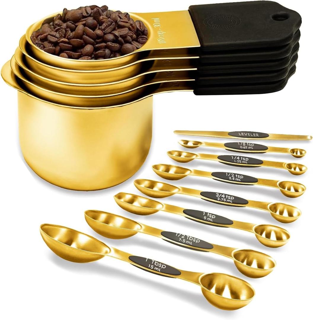 Magnetic Measuring Cups and Spoons Set, Heavy Duty 304 Stainless Steel, 5 Nesting Gold Measuring Cups and 7 Magnetic Measuring Spoons, Baking & Cooking Set of 13 with Leveler