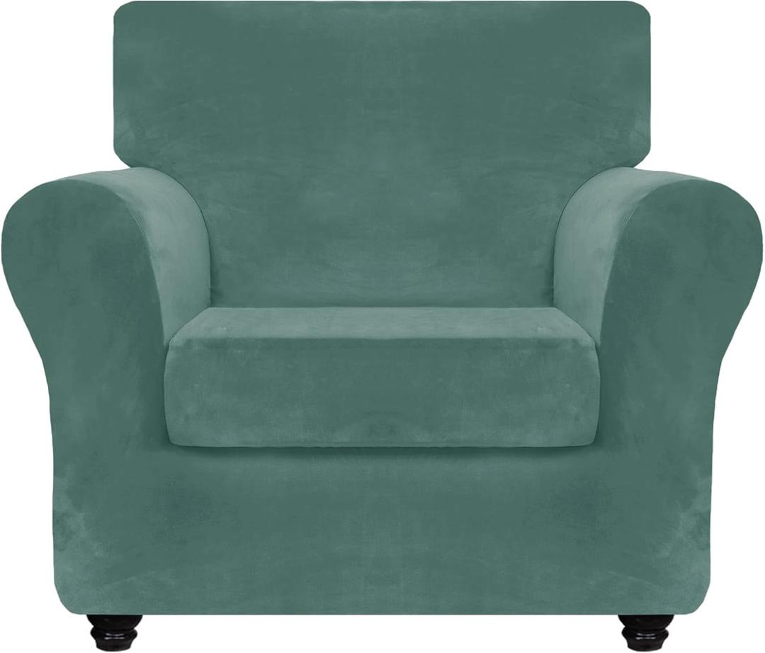 2 x ZNSAYOTX Luxury Velvet Chair Slipcovers with Arm 2 Piece Stretch Chair Covers for Living Room Thick Soft Armchair Slipcover Anti Slip Pet Friendly Furniture Protector (Pea Green),30"-47"(1 Cushion)