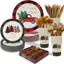 ANALIM 350 PCS Christmas Disposable Paper Dinnerware Set Includes Dinner Plates, Dessert Plates, Cups, Napkins, Knives, Forks, Spoons for Christmas Party Supplies