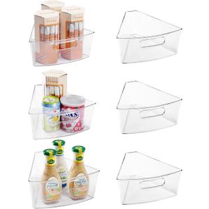 Oubonun Lazy Susan Organizers Set of 6, 10.2x 9.4x 4 Plastic Transparent Kitchen Cabinet Storage Bins with Handle, 4" Deep Container, 1/8 Wedge - Food Safe, without BPA